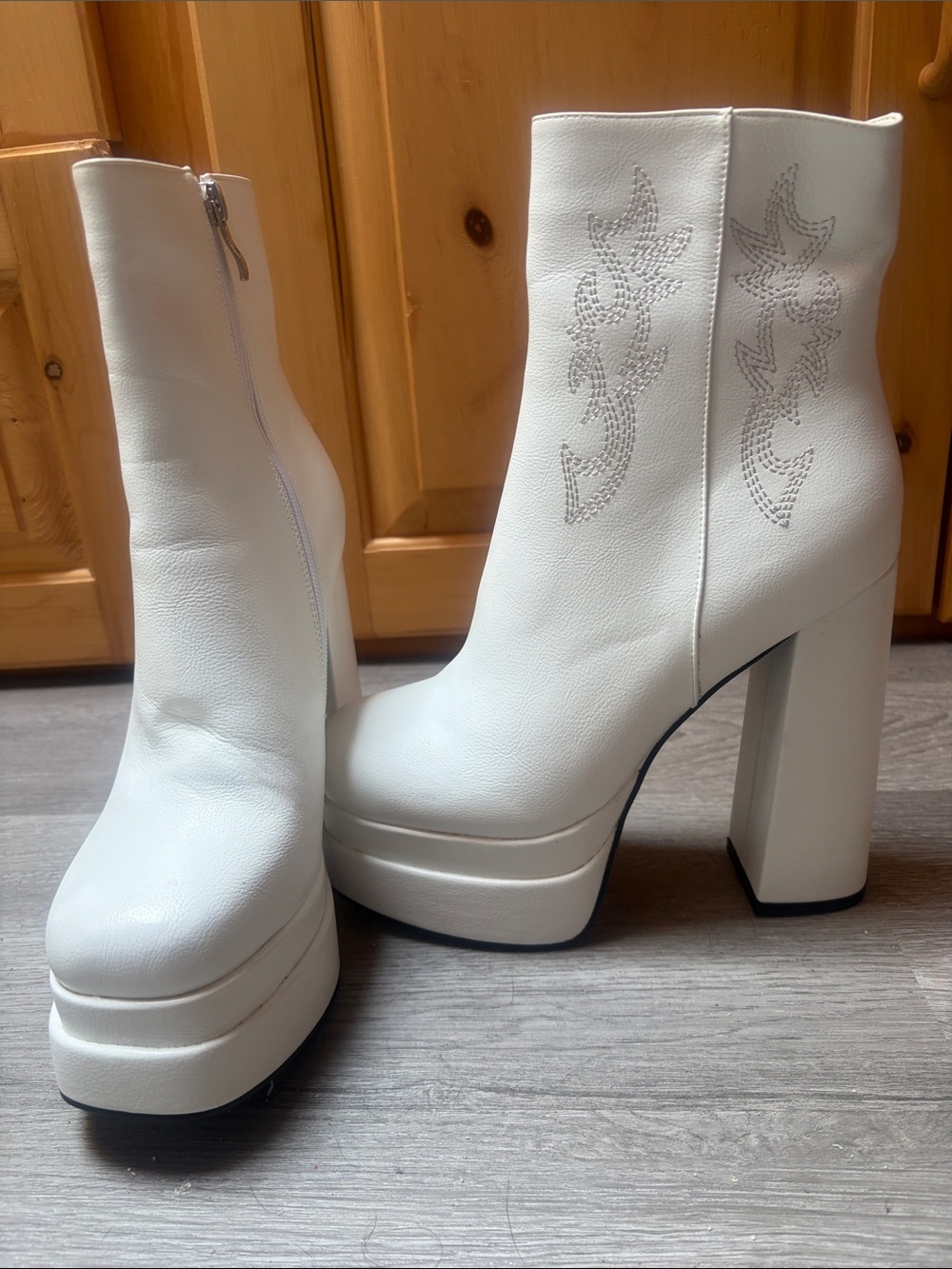 White Platform Block Heel Ankle Boots - Women